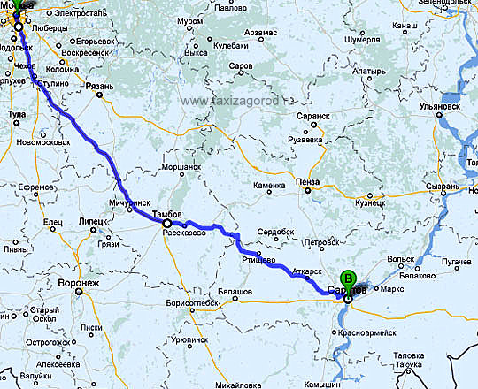 Москва-Тамбов-Саратов,такси межгород до Саратова,карта трассы в Саратов,такси межгород в Саратов